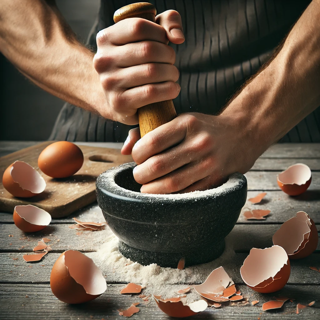 making eggshell powder with mortar and pestle