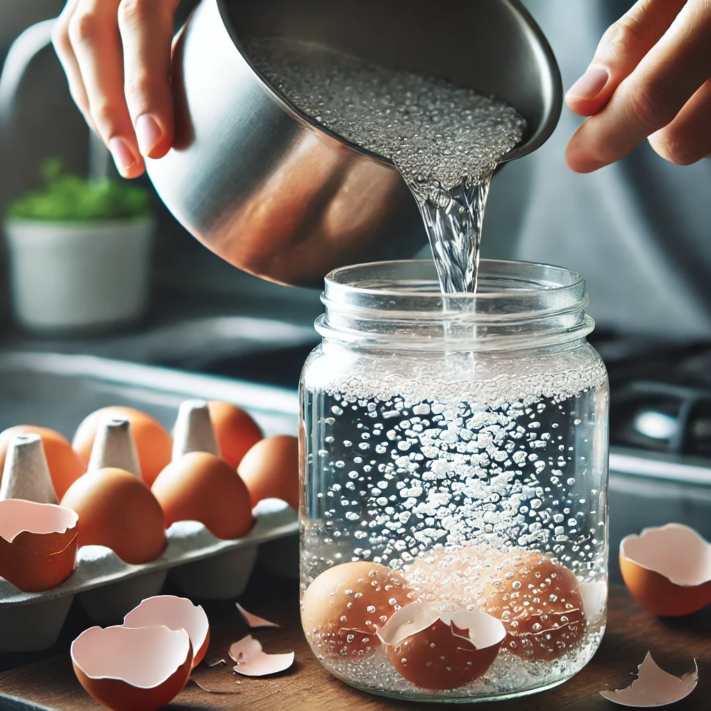 Pouring boiled eggshell water into a clear jar