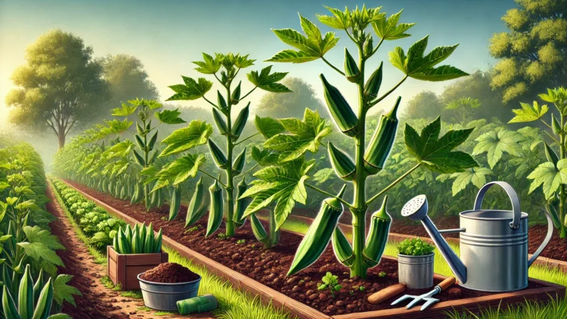 Growing Okra Plants on Garden